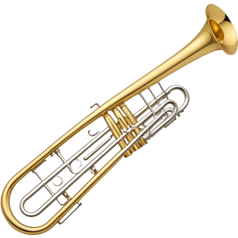 Create a sleek and professional emoji representing the Brahner TB-420 Bb/F tenor trombone. The design should feature the smooth, shiny brass body of the trombone with its distinct curved tubing and large bell. Highlight the tuning slide and the mouthpiece at the top of the instrument. The brass finish should be polished and reflective, with silver accents on the mouthpiece and tuning slide. Add subtle musical notes or soundwaves floating around the trombone to evoke its bold, brassy sound. Use golden and brass tones for the trombone with light reflections to emphasize its high-quality craftsmanship. The background should be transparent. emoji