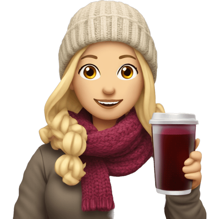 Woman with blonde Hair, wearing a scarf and Knit hat. Shes holding hot cup with mulled wine  emoji