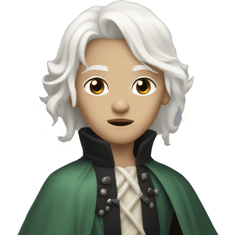 a dungeons and dragons changeling with bone-white skin and white medium length hair and black eyes . They have NO MOUTH emoji