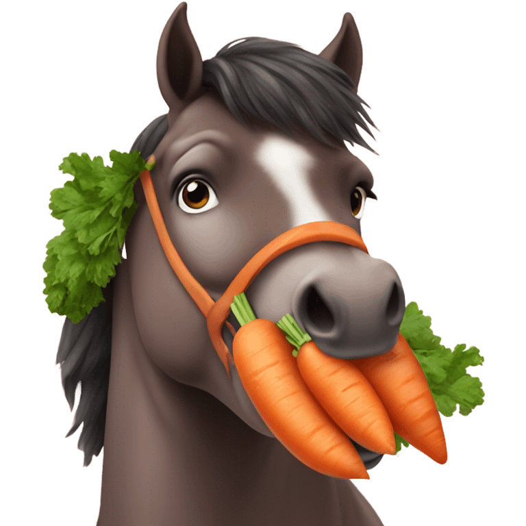 A chubby brown horse with rosey cheeks eating a carrot emoji