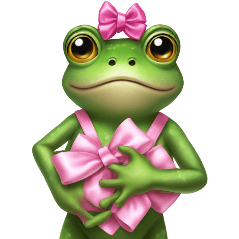 Frog  with pink satin bow on his head holding a small teddybear in his hands emoji