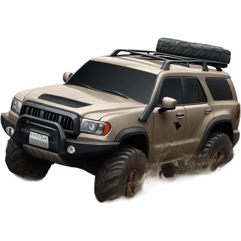 An off-road SUV facing a road full of mud and rocks, with big tires and mud splashing around, showing resistance and adaptability. emoji