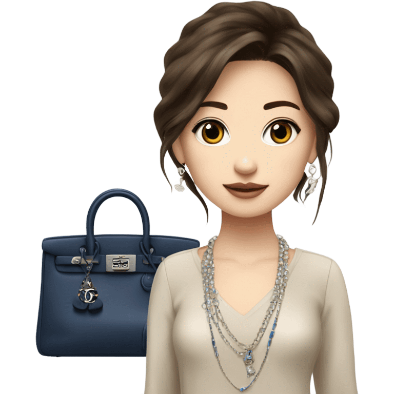 Realistic brown hair blue eyes Chanel Asian Girl with Birkin bag and Chanel necklace emoji