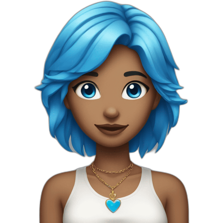 Tan skinned girl with blue hair, cat ears, white top, blue necklace and blue eyes emoji