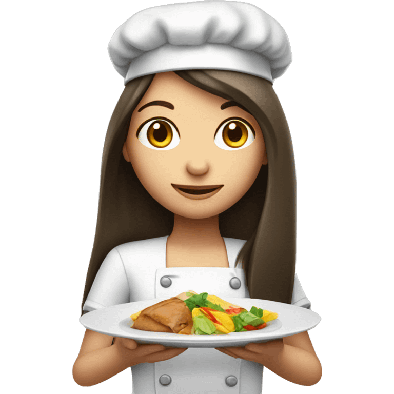 Brunette long straight hair girl holding food plate in a cook hat emoji