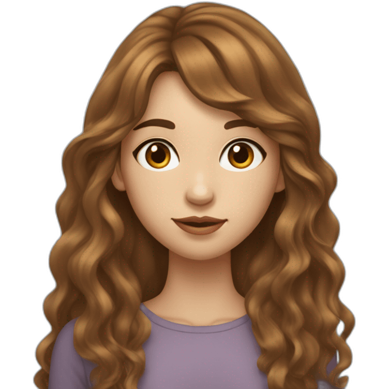 long wavy brown hair skinny girl with long side bangs, thin face and makeup from head to chest emoji