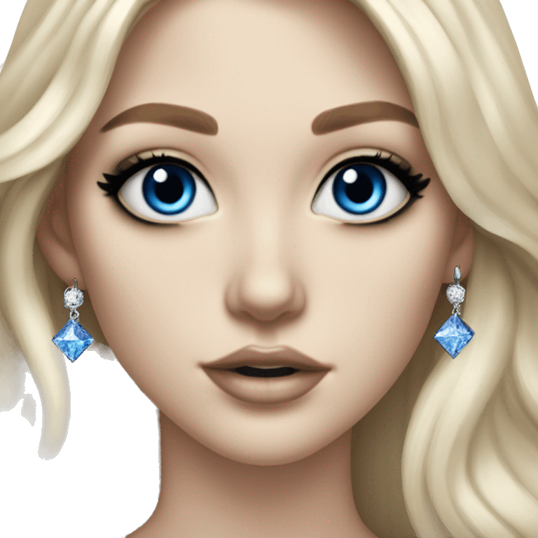 Hyperrealistic pale white girl with blue eyes and long black hair. Wearing gold chain necklace, white diamond stud earrings and has dark eye makeup on her eyes emoji