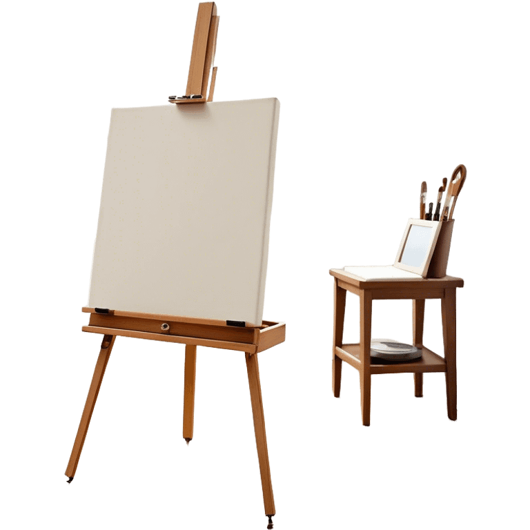 Cinematic Realistic image of a pristine canvas mounted on a sturdy wooden easel, with the canvas’ smooth surface and the easel’s detailed grain rendered in soft natural light, evoking a quiet moment of creative anticipation emoji