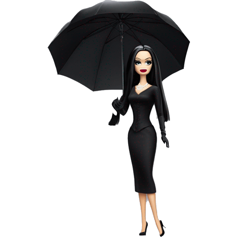 Stunning in the Spotlight Barbie, teen Morticia Addams,showing off, show full body,accessories  gloves funeral veil over face umbrella  emoji