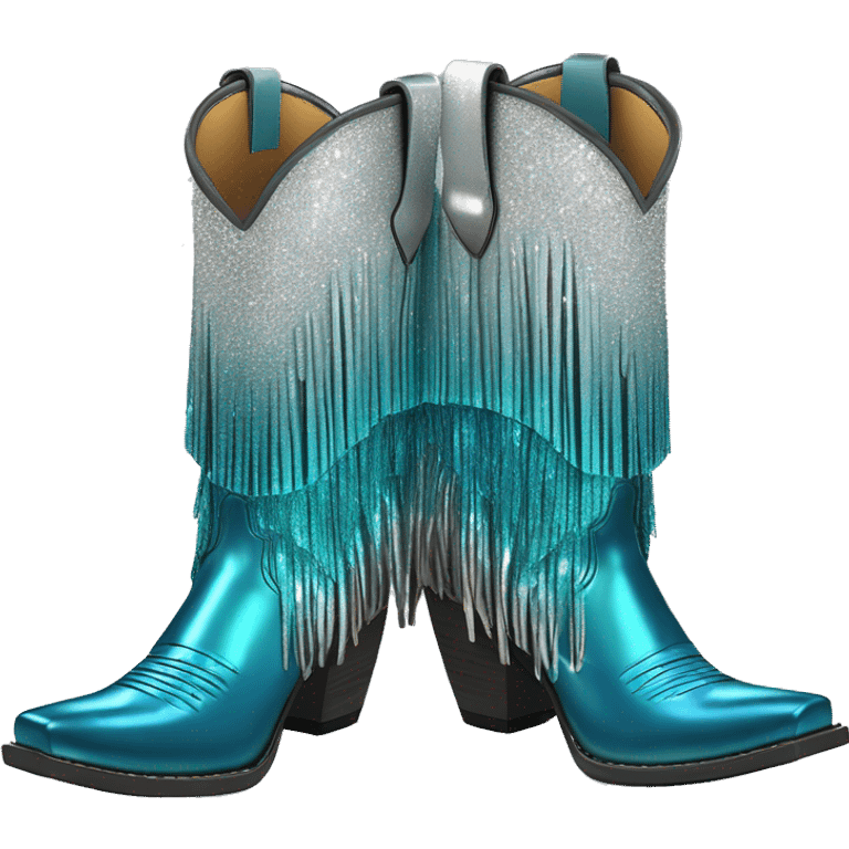 Realistic silver and peacock blue ombre pair of fashion cowgirl boots with sparkly shiny glitter fringe on them. emoji