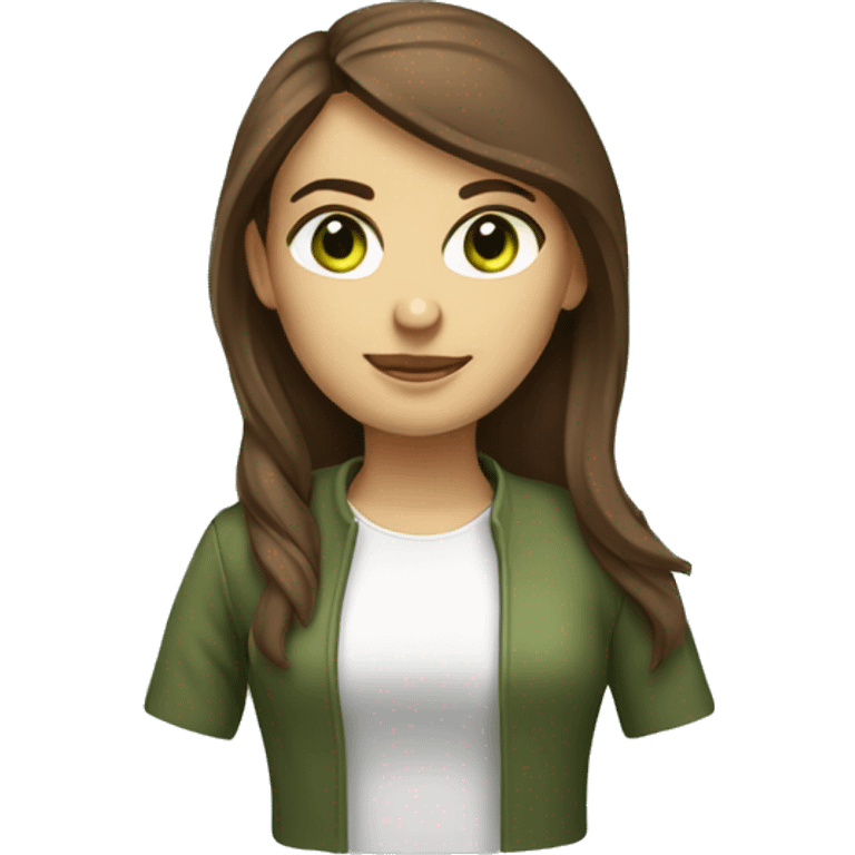 Female coder featuring a laptop. Shee has long brown hair, green eyes, white skin. emoji