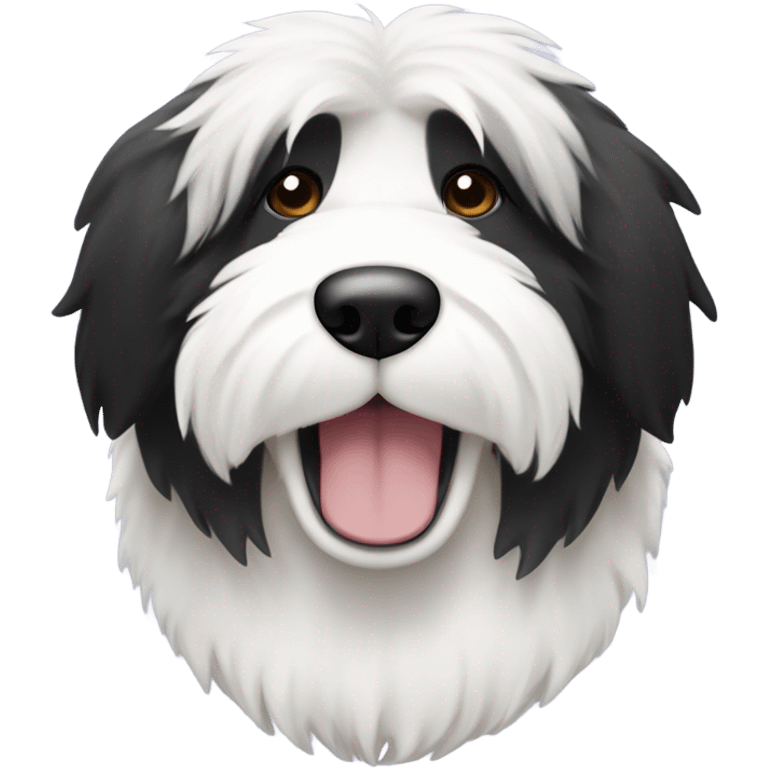 Old English sheepdog with a half and half face like a black (right side) and white (left side) cookie emoji