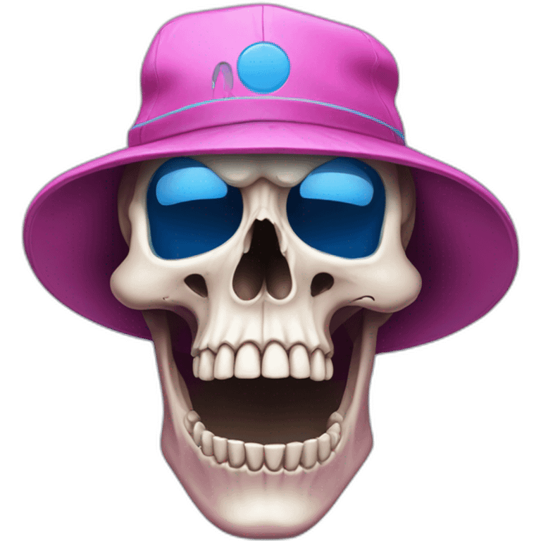 a skull looking off centre by 45 degrees. Wearing a pink hat with a blue “B” motif emoji