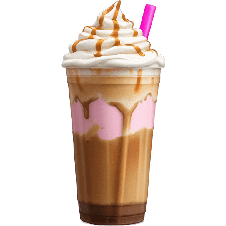 Caramel iced coffee with whipped cream and caramel drizzle with light pink straw emoji