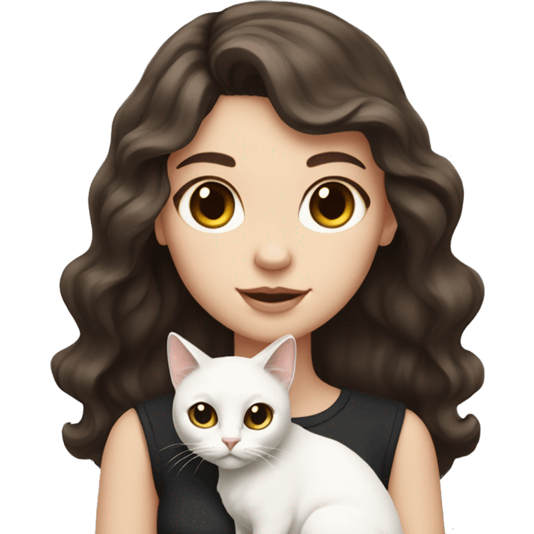 white girl with dark brown wavy hair and black eyes holding white cat emoji