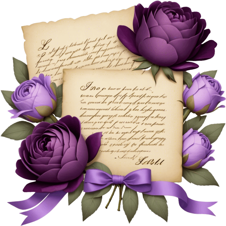 A handwritten love note on aged parchment, nestled within a bouquet of dusty purple peonies, velvety plum roses, and soft lavender blossoms, is delicately secured with a dusky amethyst satin ribbon, while a tiny, heart-shaped wax seal in deep violet adds an elegant, vintage touch. emoji