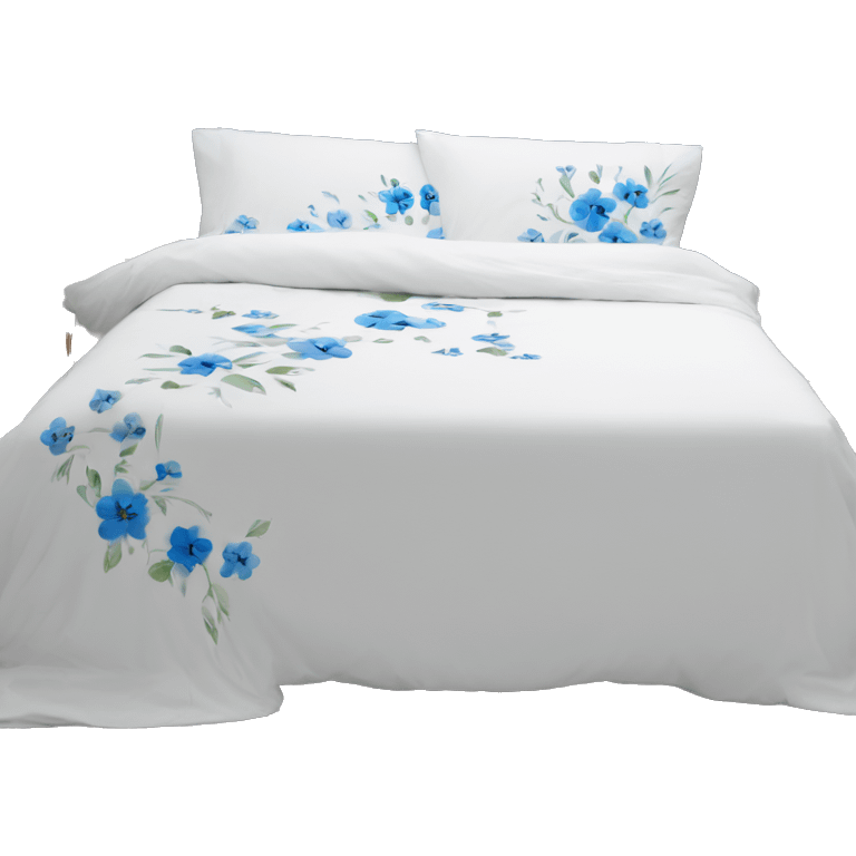 Cosy white bed with blue smal flower oversized bed sheets emoji