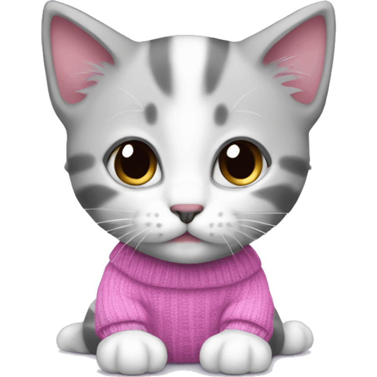 Cute kitten white and grey wearing pink and purle sweater emoji