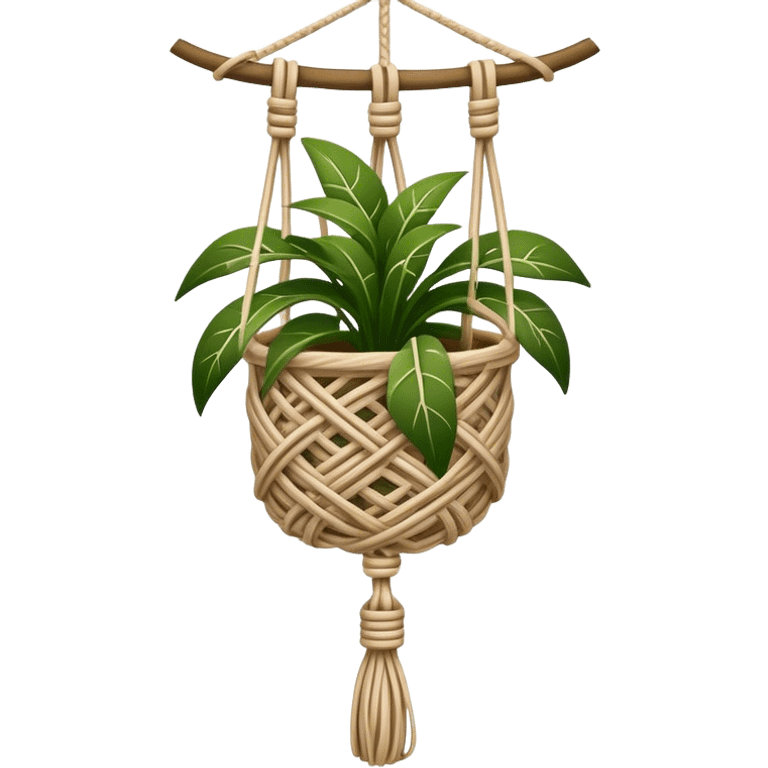 Macramé icon, intricate knot patterns, hanging plant holder, natural cords, woven texture, minimalistic style, clean lines, transparent background. emoji