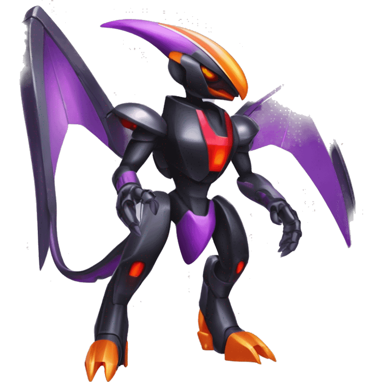 a shiny metallic black-purple-red-orange Genesect-Flygon-Raptor-Fakémon-Medabot-hybrid with a futuristic visor-helmet full body emoji