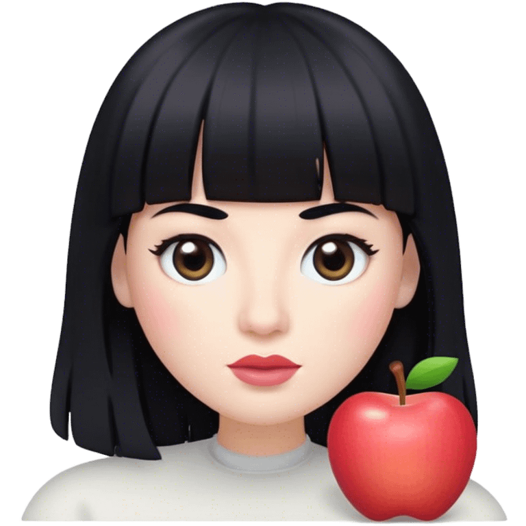 Cabelos longos  com franja na sombancelha e pretos , olhos bem pouco caidos e pretos , pele branca como a neve,  , bastante cilios e boca rosada claro estilo memoji da apple emoji