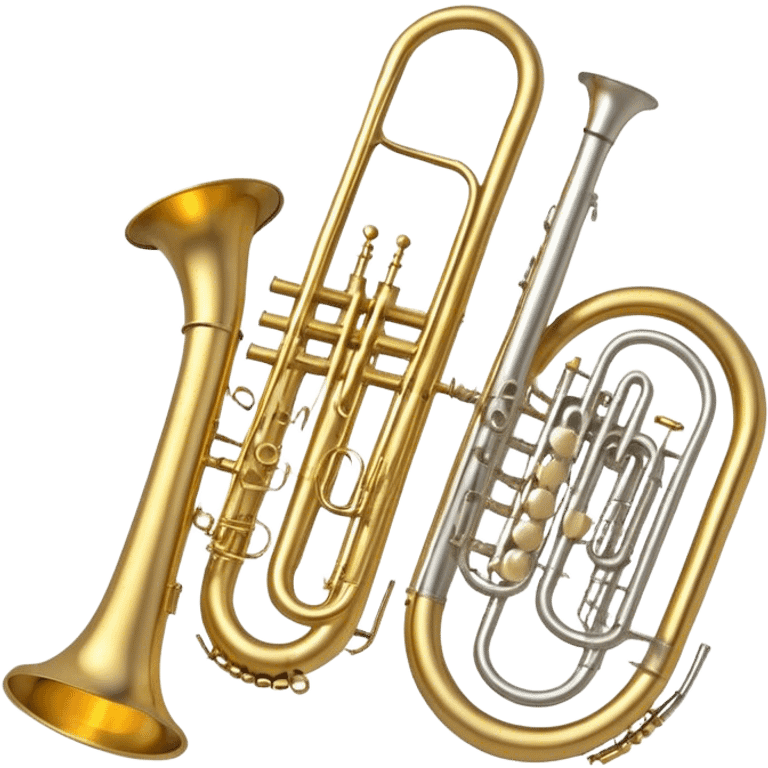 Create a simple and symbolic emoji collage representing wind instruments. Include a variety of iconic elements like the bell of a trumpet, the mouthpiece of a saxophone, and a subtle outline of a trombone. Arrange the elements in a dynamic and balanced way. Use warm metallic tones like gold, brass, and silver for the instruments, with a clean and minimalist design. The background should be transparent, focusing on the shapes and silhouettes of the instruments to convey their essence without excessive detail. emoji