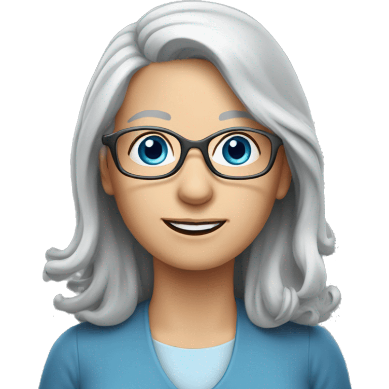 long gray hair, older female, blue eyes, glasses, writing emoji