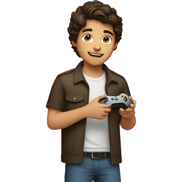 light Hispanic boy with brown hair holding a gaming remote emoji