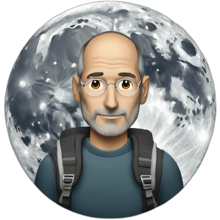 steve jobs with a backpack, in front of the Moon emoji