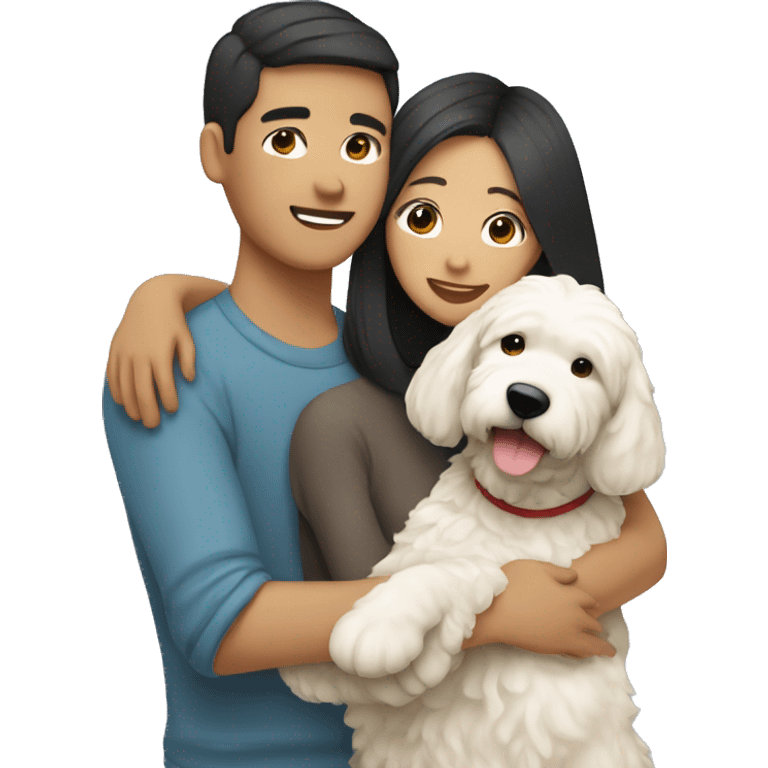 asian couple with straight hair hugging with a big white goldendoodle emoji