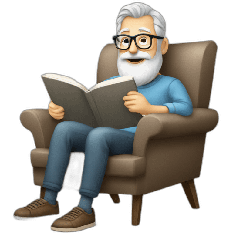 Gray Bearded 50 years  man, glasses, perspective armchair, Reading a book, drinking a coffee emoji