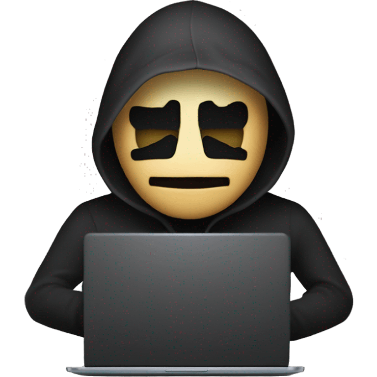 create an anonymous hacker emoji, having a  laptop, and in that laptop display a set of hacking programming is running in the laptop display. make that emoji background is black.  emoji