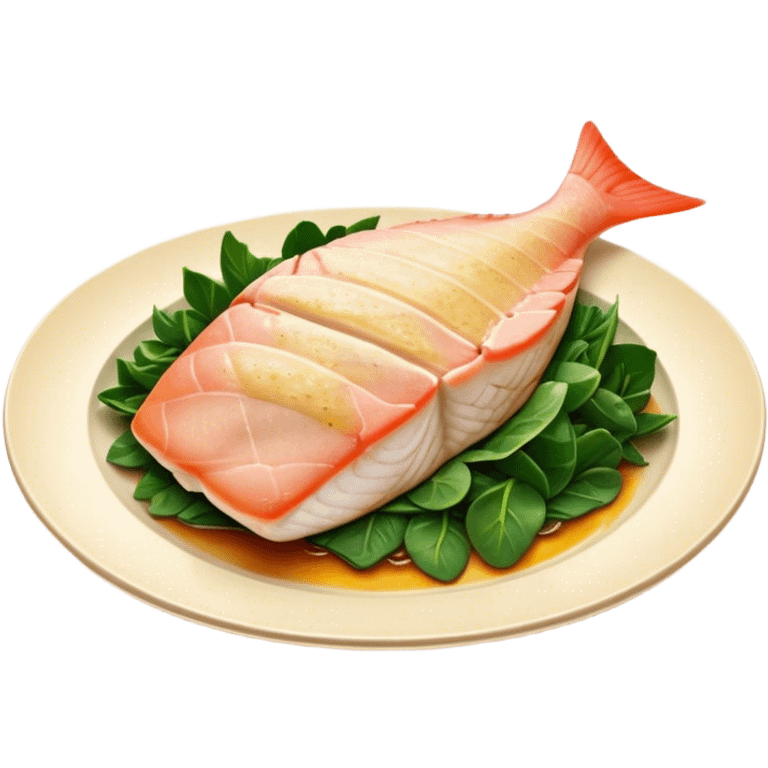 Cinematic fresh snapper fillet, pan-seared to golden perfection, soft and flaky texture, resting on a bed of sautéed greens, warm glowing background, refined and elegant. emoji