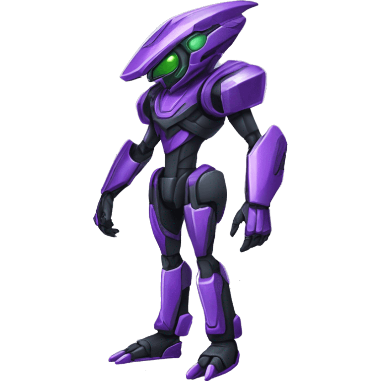 a shiny black-green-purple Genesect-Raptor-Fakémon-Medabot-hybrid with a futuristic visor-helmet full body emoji