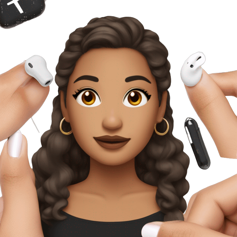 Latina makeup girl with lashes a black crop top and medium long brown hair with earrings and AirPods  emoji