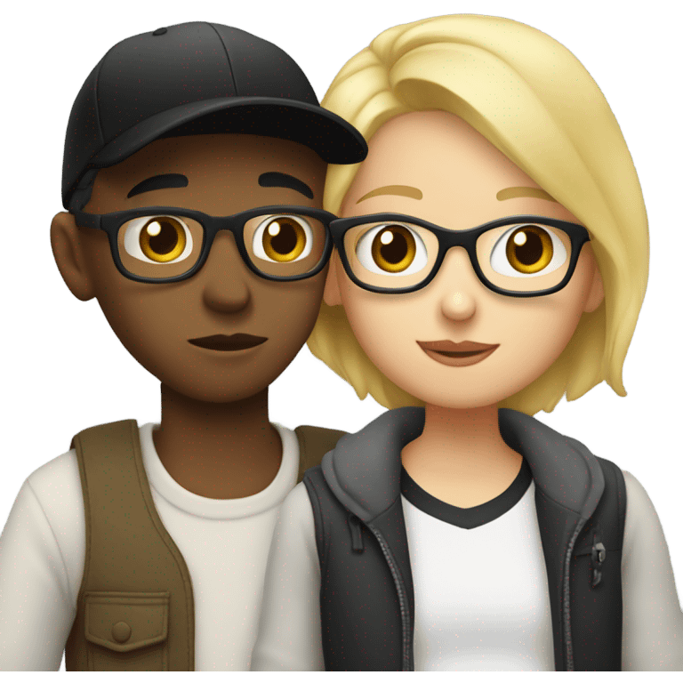 blonde woman with glasses and boy with black cap and no glasses kissing. both are white emoji