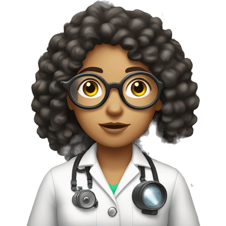 White teenage girl scientist with black hippie perm, freckles on her face, and binoculars around her neck emoji