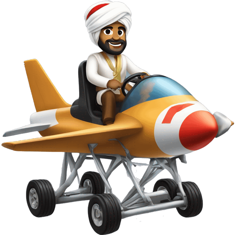 turban Middle East man in traditional  outfit riding on top of tiny Boeing 747 like go kart emoji