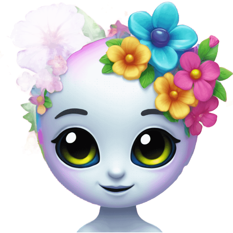 Lisa frank rainbow alien with big oval head and big black eyes with flowers emoji