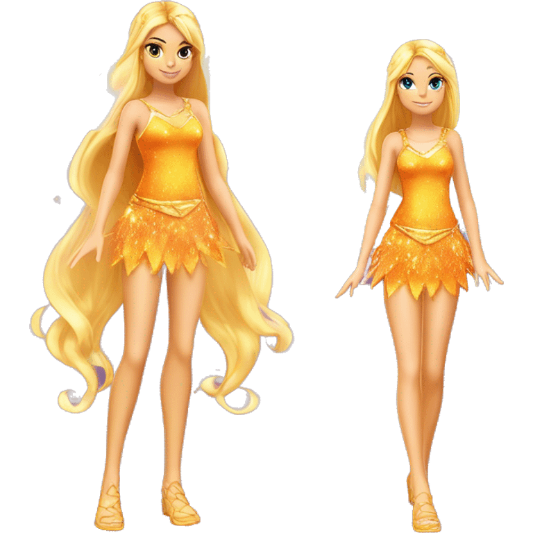 Stella adult latina fairy of the sun and the moon in her enchantix fairy orange two-piece clothing and fairy enchantix wings and long blonde hair from winx club. Lots of sparkles and fairydust. Full body pic and full fairy bliss emoji