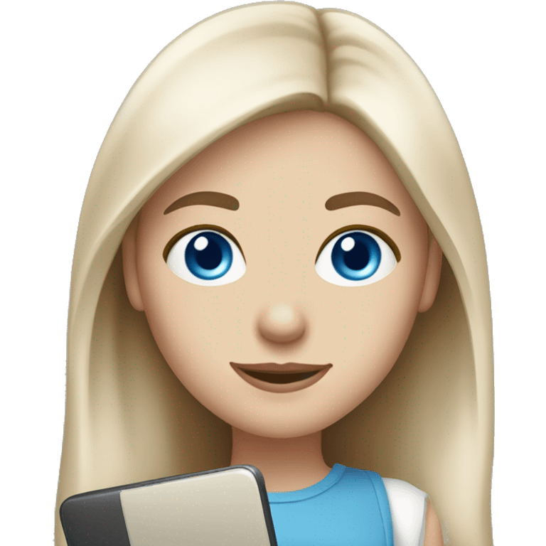 caucasian white IT girl student, holding laptop, blue eyes, brown hair emoji