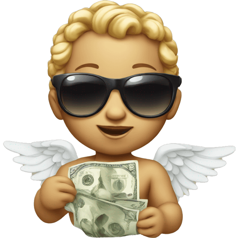 baby cupid with wings holding money and wearing sunglasses emoji