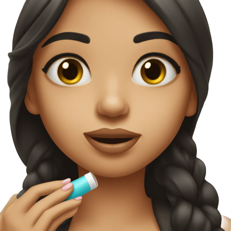 Girl with dark hair applying lip balm  emoji