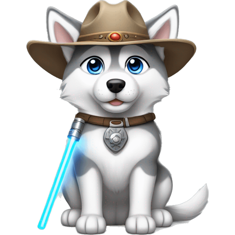 Gray Siberian Husky with blue eyes puppy wearing a cowboy hat dressed in Jedi clothing holding a lightsaber  emoji