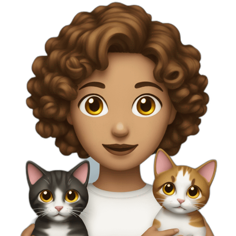 woman with brunette curly short hair playing with two cats emoji