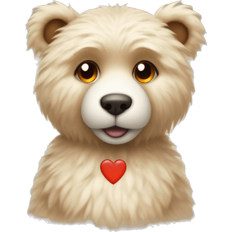 Light coloured fur. With Orange eyes teddy bear wearing a beige sweater with a red heart in the middle.  emoji