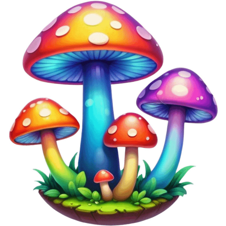 A round psychedelic colored button with bezeled edges and rainbow colored mushrooms emoji