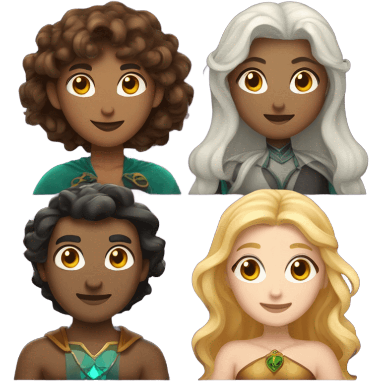 A female witch with light brown hair, a blonde female wizard, an Indian male merman, a female fairy with dark brown hair, shorter than the others, and a female siren with curly brown hair. emoji