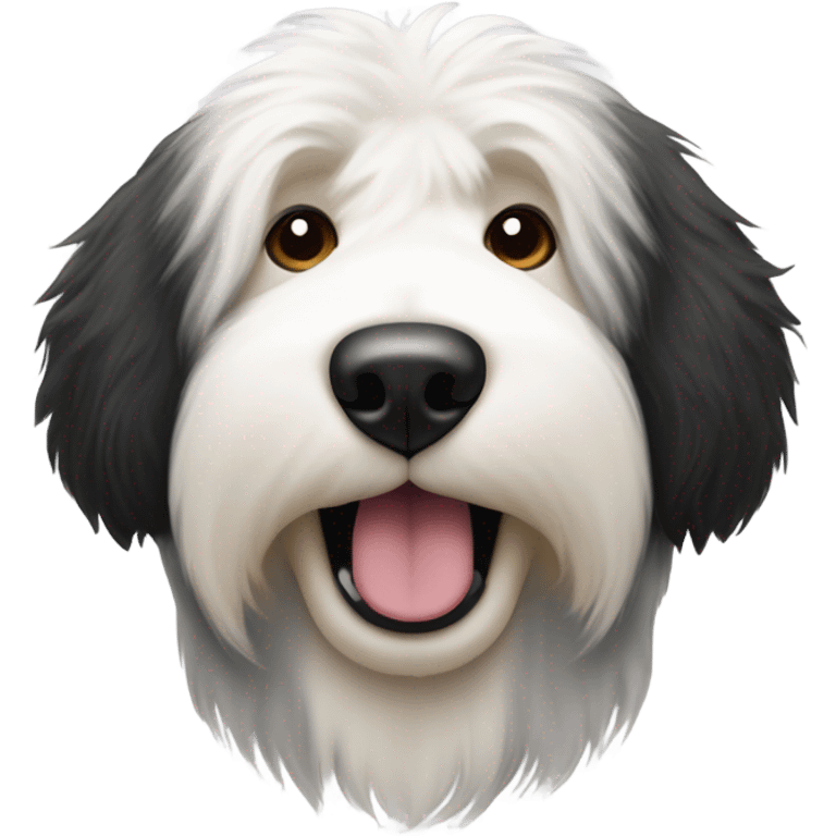 Old English sheepdog with a half and half face like a black (right side) and white (left side) cookie emoji