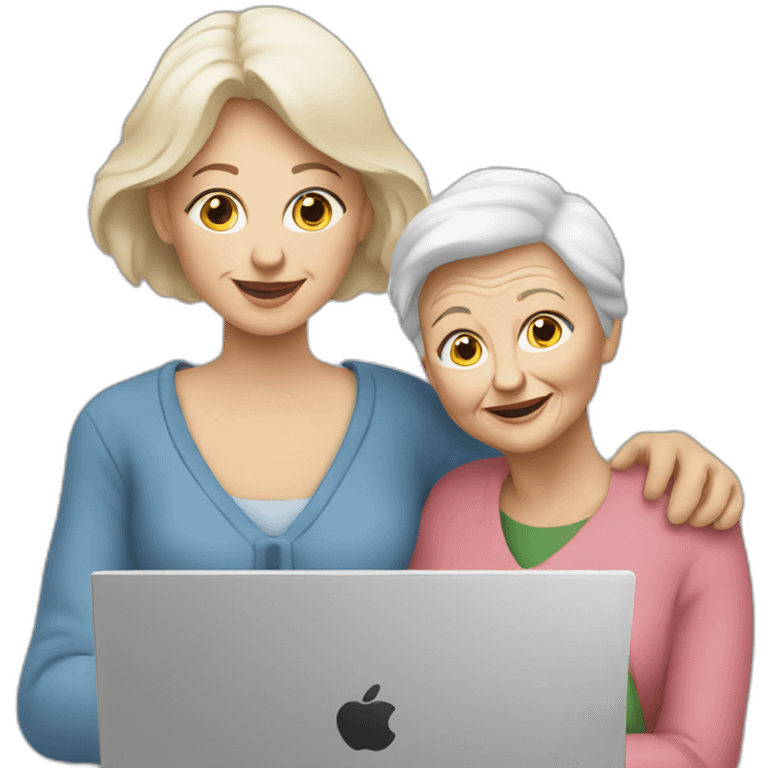 White woman holding old woman’s hand gazing into laptop emoji